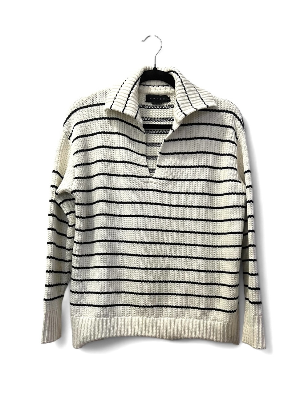 HATCH Ivory & Black Striped V-Neck Johnny Collar Breton Cotton Blend Sweater M